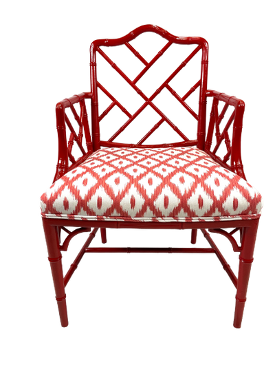 Vintage Chinese Chippendale Styled Red Lacquer Armchair