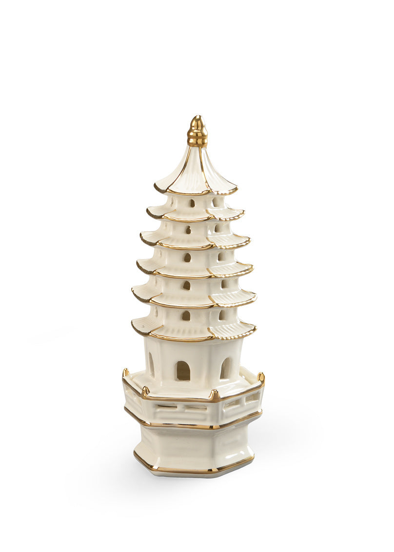 Ceramic Pagoda in Cream and Gold Accents